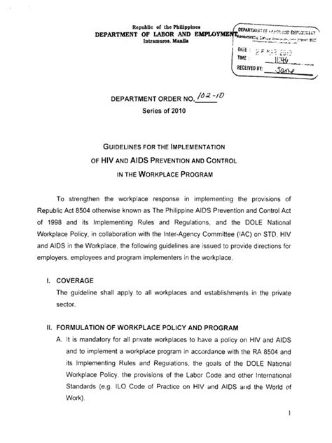 dole department order no. 102-10|HIV.